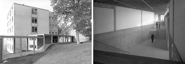 links: Studentenwohnturm und Durchgang zu den Ateliers, 1955, Foto Ernst Hahn, rechts: Innenansicht des HfG-Gebäudes: Blick in die sogenannte »Säge«, 1955, Foto Ernst Hahn