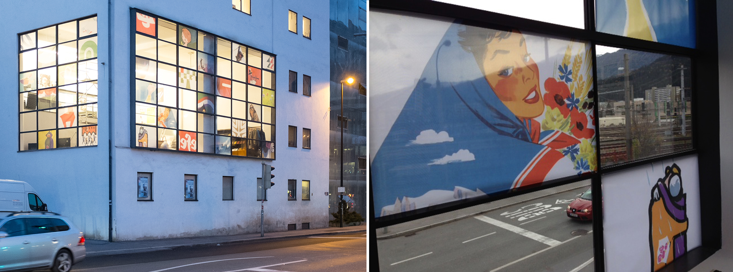 Textile Netzdrucke aus Fensterdekoration/Ausstellung in den Maßen ca 120x85 cm, unterschiedliche Bildausschnitte 